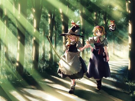 Touhou - girls, hat, ribbons, hair, project, studio, kawai, book, touhou, cute, grass, short, sunlight, shanghai, boots, dolls, forest, long, dress, blonde