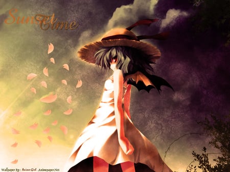 Touhou - hat, game, dress, girl, project, cool, tree, scarlet, scary, wind, white, sunset, touhou, cloud, cute, remilia