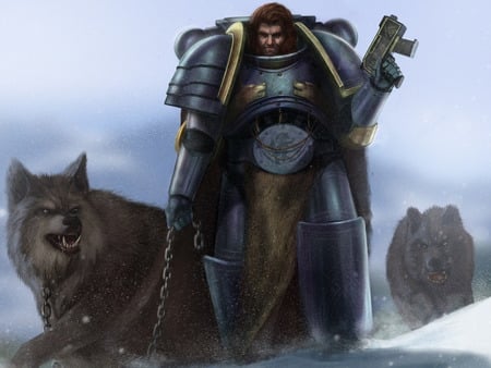 warhammer wolves - warhammer, wolves, man wallpaper, chain, snow