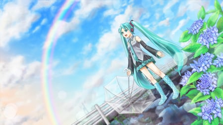 Hatsune Miku - aqua, headset, thighhighs, music, anime girl, white, art, purple, cool, umbrella, aqua eyes, artistic, hatsune miku, skirt, rainbow, song, vocaloids, program, vocaloid, beautiful, uniform, diva, happy, beauty, nice, sky, twintail, singer, aqua hair, black, virtual, pretty, idol, clouds, anime, green, miku, cute, girl, cg, hatsune, microphone, headphones, tie, awesome, smile, flowers, digital, outfit