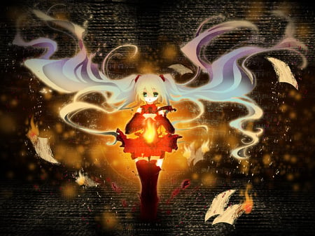 Power of Magic - pretty, artistic, magic, nice, program, thighhighs, beauty, virtual, cg, white, cute, aqua eyes, song, vocaloid, anime, twintail, dress, hatsune miku, music, aqua, red, fire, art, idol, anime girl, skirt, beautiful, singer, girl, cool, orange, black, miku, awesome, diva, digital, aqua hair, hatsune, vocaloids, blaze