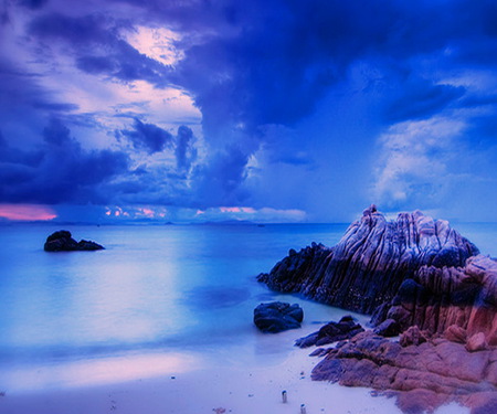 Blue ocean night - clouds, water, beach, rock, night, ocean, reflection