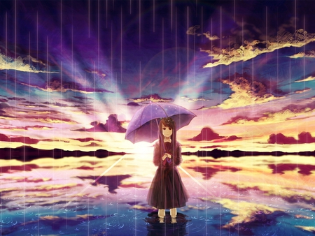 Evening Sunshine - pretty, standing on water, anime, anime girl, beautiful girl, evening sunshine, black uniform, rainy day, anime school girl, animated, cute girl, sad girl, beautiful sky