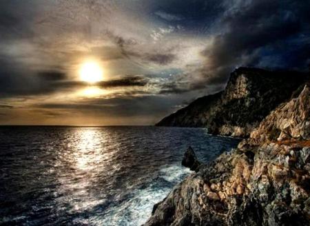 Vast Emptyness - ocean, clouds, night, moonlight, sea, rocks