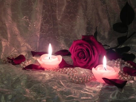 How Romantic - pearls, red, flames, rose, lace, candles, petals, leaves