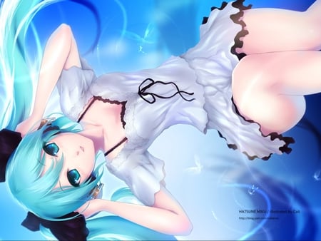 Hatsune Miku - hatsune miku, blue eyes, white dress, anime girl, blue hair, vocaloid, beautiful, headphones, anime, miku, cute