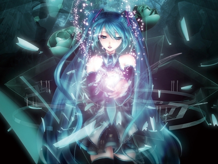 Vocaloid - animated, shards, shinny light, hatsune miku, vocaloid hatsune miku, female, long hair, anime girl, blue hair, pretty, vocaloid, beautiful, hope, singing, anime