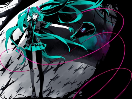 Hatsune Miku - animated, airplanes, anime school girl, anime girl, pretty, anime, miku, pretty miku, sound, hatsune miku, long hair, vocaloids, blue hair, vocaloid, beautiful, vocaloid girls, black and blue