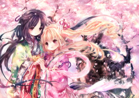 Anime Girls - girls, green, tree, ribbon, cute, little, kimonos, two, cherry, kids, glow, kawaii, bow, sakura, pink, together, blossom, flowers