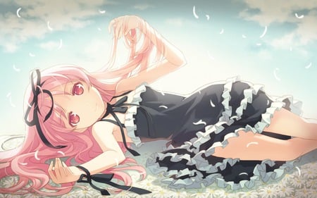 Ruri Himemiya - himemiya, sky, hair, eyes, bow, pink, h2so2, petals, clouds, ruri, ribbon, dress, birds, long