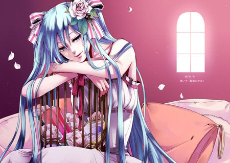 Hatsune Miku - hair, eyes, hatsune, twin tails, blue, ribbon, miku, flowers, dress