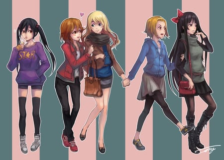 k-on - yui, azusa, long hair, ritsu, mugi, short hair, dress, mio