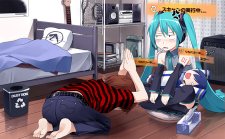 vocaloid - blue hair, jeans, armarie, blush, stereo, living room, dress, miku hatsune