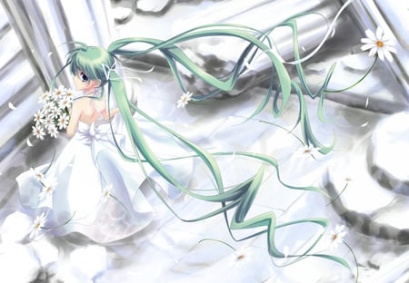 Hatsune Miku - stairs, aqua, music, bride, anime girl, white, art, cool, aqua eyes, artistic, hatsune miku, song, vocaloids, program, vocaloid, beautiful, rubble, diva, shadow, dress, nice, beauty, twintail, singer, aqua hair, wedding dress, black, virtual, pretty, idol, anime, miku, cute, wedding, girl, cg, hatsune, flowers, digital, awesome