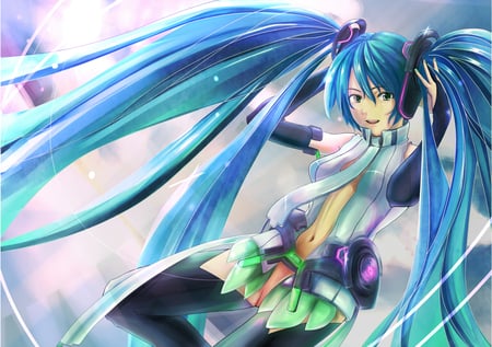 Miku Append - pretty, artistic, pink, headphones, nice, program, append, hot, thighhighs, beauty, virtual, cg, white, green, cute, aqua eyes, song, sexy, anime, blue, twintail, hatsune miku, microphone, music, aqua, art, idol, anime girl, fog, miku append, beautiful, singer, girl, cool, black, miku, awesome, diva, digital, aqua hair, smoke, hatsune, headset