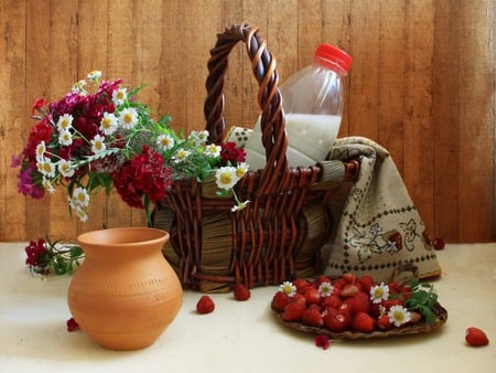 Still Life - pretty, milk, daisy, flowers, daisies, red, vase, strawberries, strawberry, bottle, beautiful, photography, beauty, colors, lovely, still life, red flowers, wildflowers, basket, colorful, nature