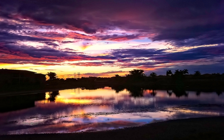 Purple Sunset - amazing, splendor, sunrise, reflection, purple sunset, purple, view, lake, sky, clouds, trees, water, beautiful, beauty, colors, lovely, tree, colorful, nature, sunset, peaceful