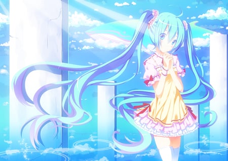 Hatsune Miku - clouds, whale, blue, dress, long, pigtails, hatsune miku, ribbon, sky