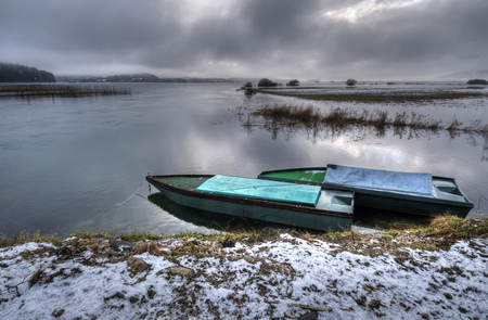 Tranquility - personal boats, sky, water, image, view, reflection, clouds, green, lake, landscape, boats, background, shore, nature, tranquility, beautiful, vegetation, silence, gray