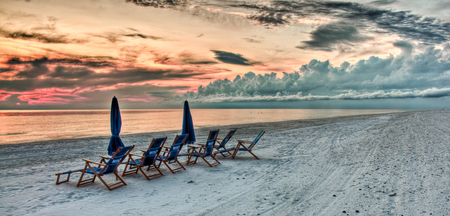 Beach-HDR - nice, beauty, sky, beach, photography, water, sunset, pleasant, calm, umbrellas, pretty, cool, lounges, clouds, hdr, sand, harmony, ocean, lovely, nature, romantic, beautiful, sea