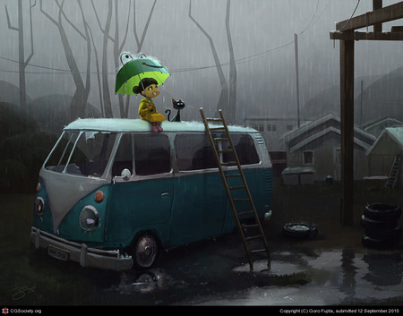 Joy in Rain - rain, child, cg, hd, collages, art, umbrella, concept art, goro fujita