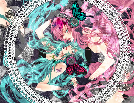 Volcaloids - curls, luka, hatsune, butterfly, dresses, pink, petals, blue, miku, flowers, volcaloids, megurine, long