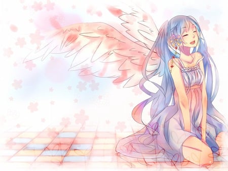 Angel Miku - twintails, blue, dress, long, angel, flower, petals, hair, flowers, miku, feathers, hearts