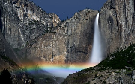 The Yosemite Falls Moonbow - national, waterfalls, amazing, beautiful, night, stars, nature, rainbow, park