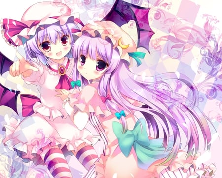 Touhou - kazuki, clothes, dress, pink, scarlet, knowledge, touhou, purple, patchouli, hat, azumi, thighhighs, cool, hair, kawai, wings, cute, remilia