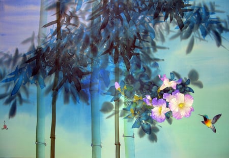 Blue Paradise - oriental, bamboo, humming bird, hibiscus, beautiful, flowers, blue, art