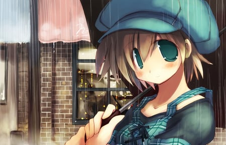 Waiting For someone - artist, sakaki, aqua, hat, girl, rain, hair, eyes, kawai, original, brown, umbrella, blush, cute, short