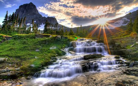 Magic nature - nature, mountain, waterfalls, field, tree, summer