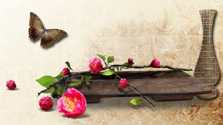 From the Orient - tray, butterfly, firefox persona, flowers, orient, vase, wood