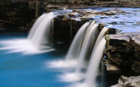 into the blue - beauty, falls, photography, water, wet, waterfall, rocks, white, gorgeous, pretty, blue, leaves