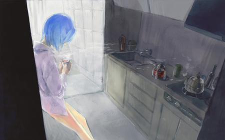 Drinking some tea - anime, rei, blue, girl, kitchen, nge