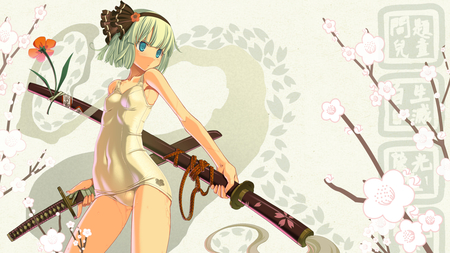 Konpaku Youmu - touhou, cool, cute, konpaku youmu, short hair, beauty, beautiful, awesome, hot, whire hair, anime girl, badass, swords, blade, sexy, weapon