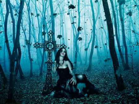 Forever In Death - vampire, abstract, fantasy, forever, woman, cross, death, forest