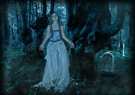 Dark Lady - cemetery, fantasy, woman, cross, night, forest, dark