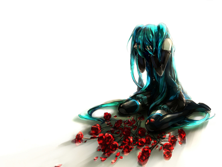 sorrow - twin tails, roses, anime, female, girl, love, lust, blue hair, sorrow