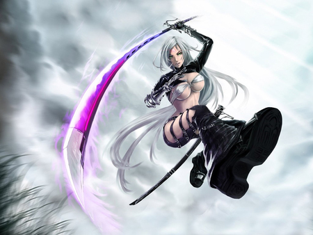 heavenly strike - bra, wing, purple, grey hair, sword, grass, angel, green eyes