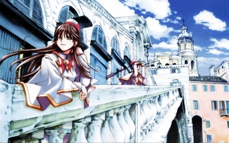 Beautiful Palace - blue skies, female, beautiful palace, anime brown hair, anime girl, anime princess, cute girl, village, beautiful, white palace, anime, lovely place, temple, dress