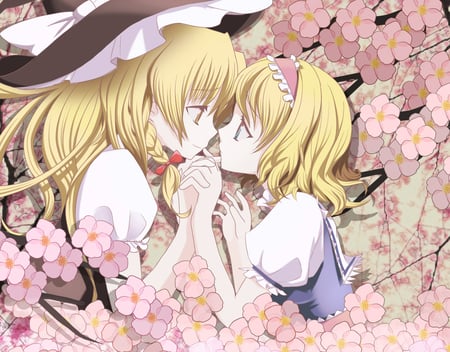 Marisa and Alice - girl, blonde, flowers, girls, black, white, touhou, alice, marisa