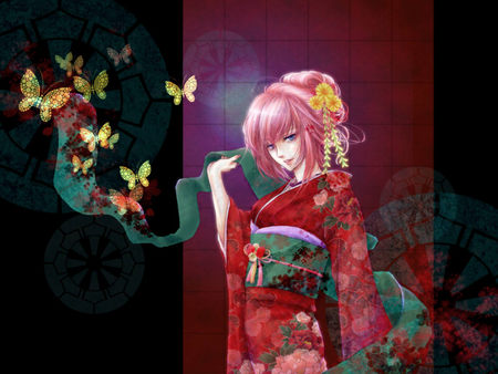 Megurine Luka - pink, flowers, tied, ribbon, butterfly, megurine, luka, kimono, hair