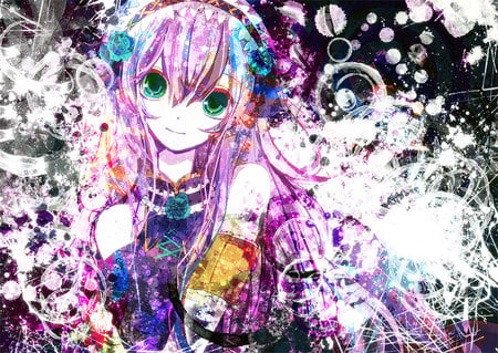 Megurine Luka - roses, splattered paint, megurine, long, pink, hair, luka, flowers, colorful, volcaloids, rainbow, art