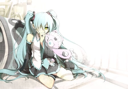 vocaloid - blue hair, long hair, blush, yelow eye, sit, dress, miku hatsune, peluch