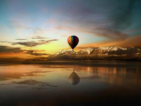 Where Time Stands Still - still, yellow, summer, blue, sunsets, reflection, hot air balloon, purple, red, lake, sky, colors, colorful, sunset, green, time, organge, clear