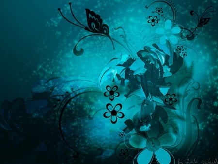 TEAL ABSTRACT - flowers, butterfly, abstract, teal