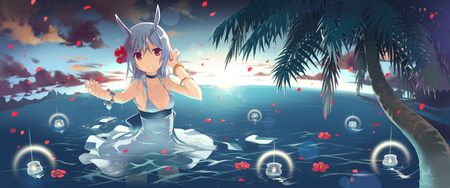 Persona 4 - red eyes, sky, summer dress, water, long hair, flowers, white hair