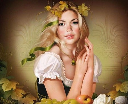 pretty girl - ose, girl, necklace, rgrapes, leaf, fruit, painting, abstract, pretty, green, apple, cute, flower