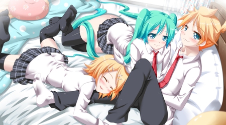 Nap Time - tie, pretty, kagamine len, uniform, rin, bed, pillow, nice, sleeping, len, program, hot, thighhighs, beauty, virtual, cg, school uniform, white, cute, aqua eyes, song, outfit, sexy, vocaloid, anime, twintail, drunk, school, blonde, hatsune miku, music, aqua, kagamine rin, red, idol, anime girl, skirt, kagamine, beautiful, singer, girl, blush, blonde hair, cool, black, miku, awesome, diva, digital, aqua hair, hatsune, vocaloids